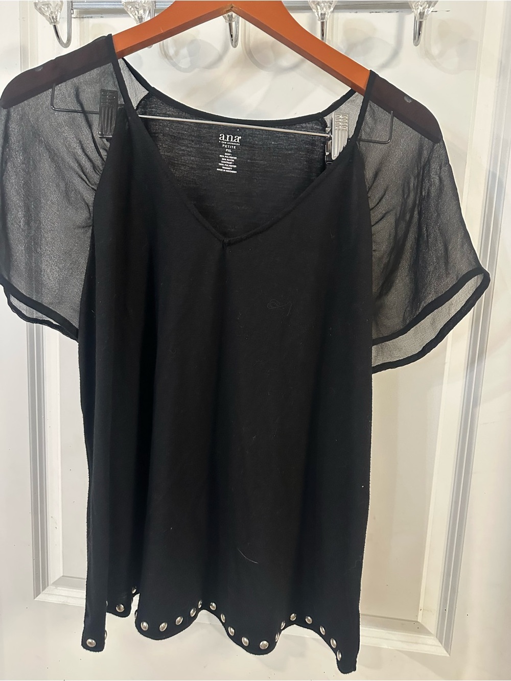 a.n.a Black V-Neck Top with Sheer Raglan Sleeves and Eyelet Hem